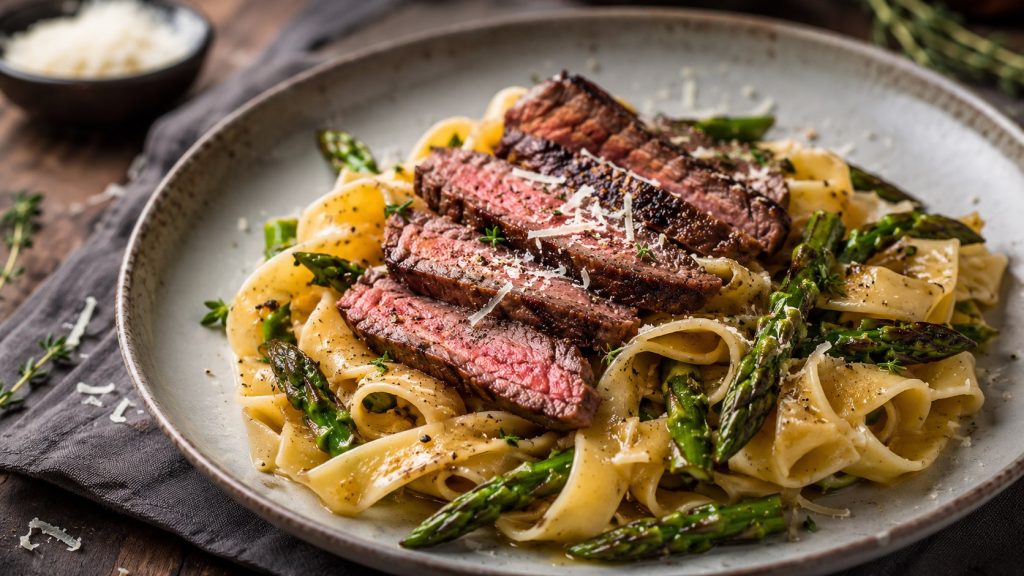 Pappardelle with sous vide beef and asparagus recipe with steak cooking tips, pasta timing, wine pairings, and restaurant-style serving ideas.