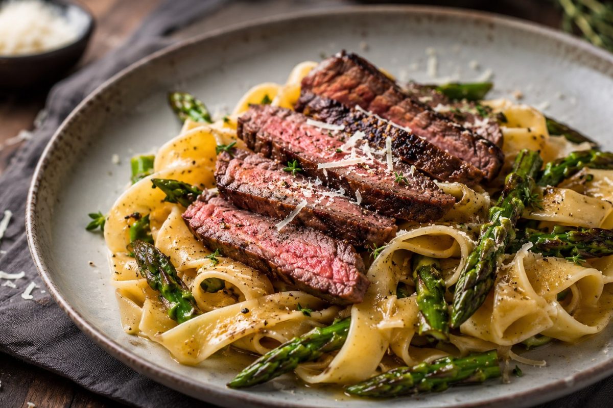 Pappardelle with sous vide beef and asparagus recipe with steak cooking tips, pasta timing, wine pairings, and restaurant-style serving ideas.