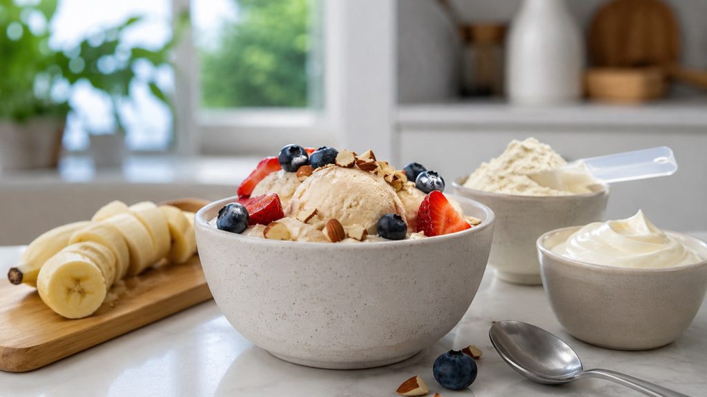 Protein ice cream recipe with Greek yogurt, banana and protein powder. Learn how to make a creamy high-protein dessert at home.