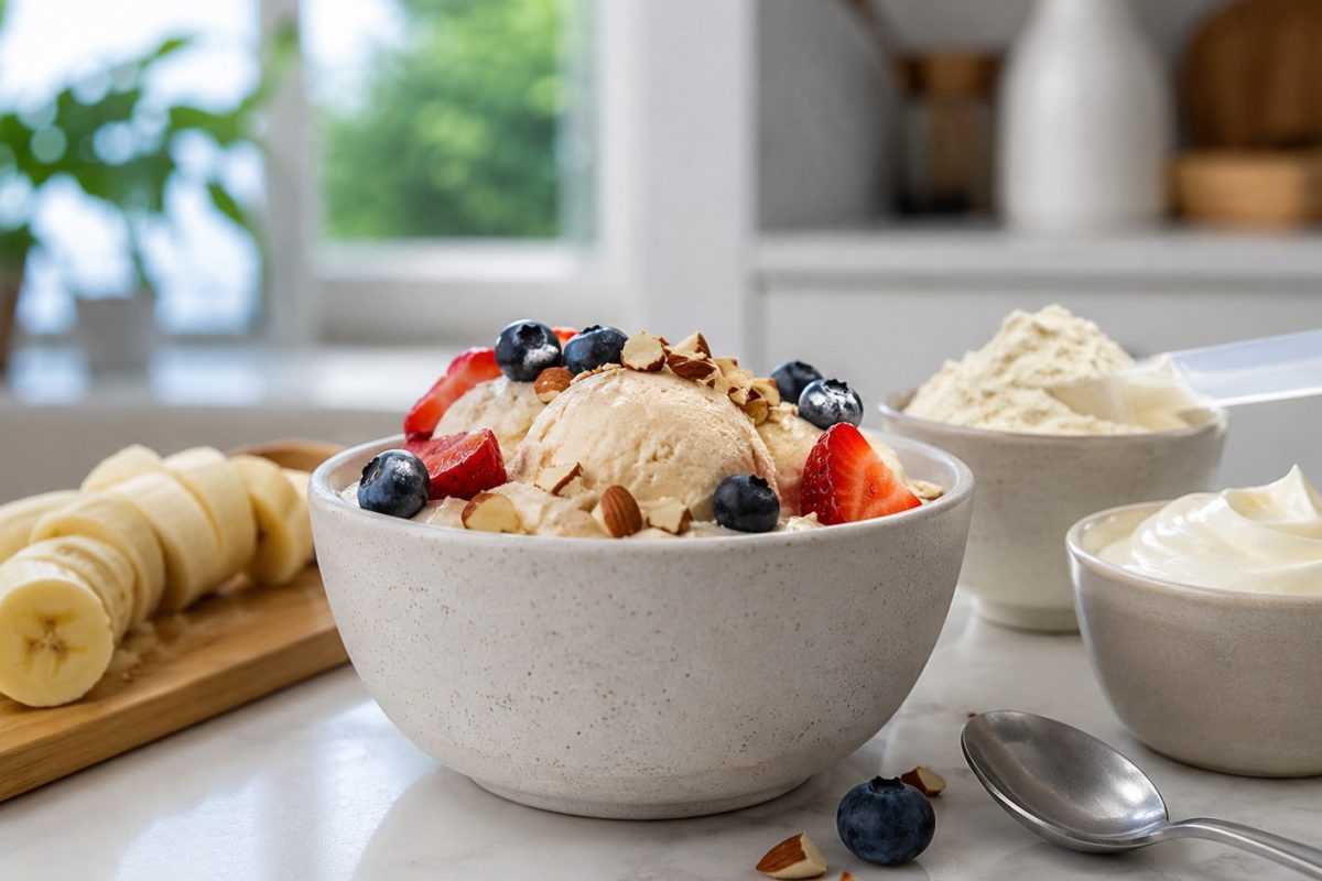 Protein ice cream recipe with Greek yogurt, banana and protein powder. Learn how to make a creamy high-protein dessert at home.