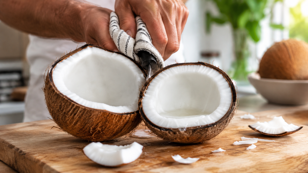 How to open a coconut safely, remove the meat, store it correctly, and prepare coconut milk, chips, curry, energy bites, desserts, and other easy recipes.