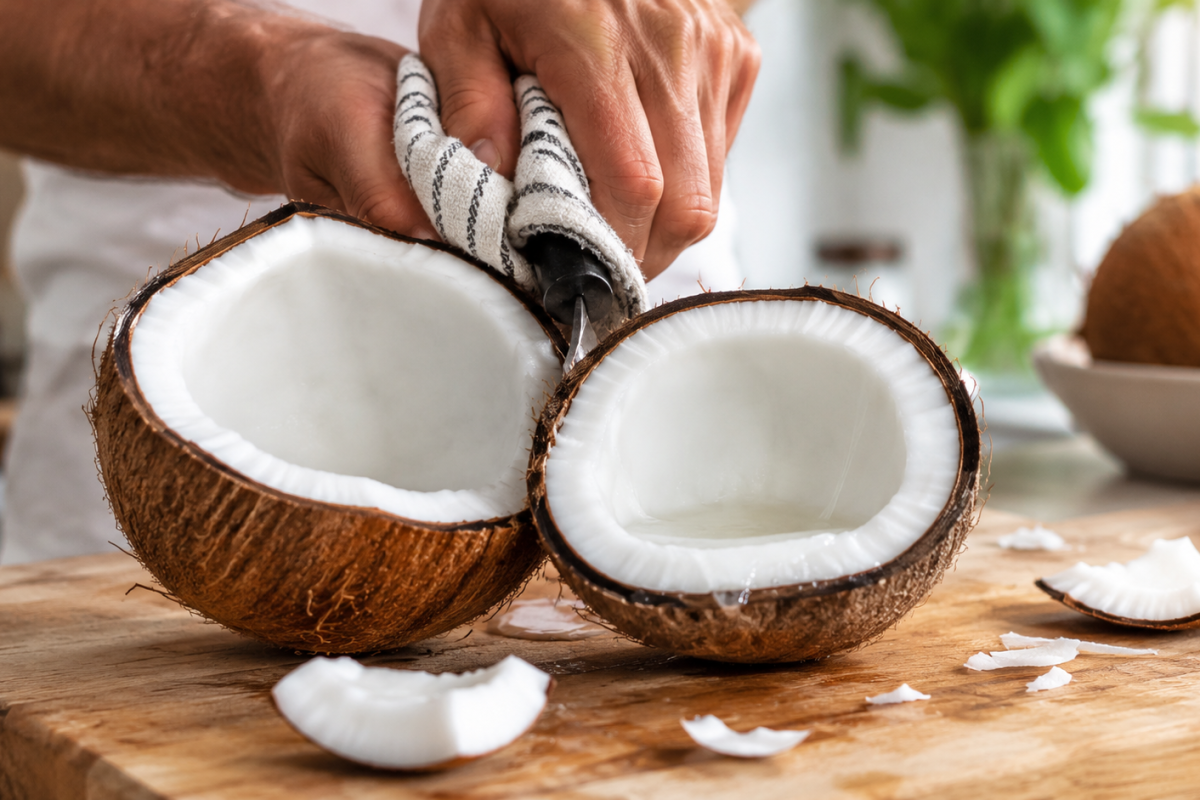 How to open a coconut safely, remove the meat, store it correctly, and prepare coconut milk, chips, curry, energy bites, desserts, and other easy recipes.