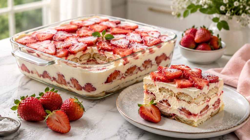 Strawberry tiramisu recipe for a fresh no-bake dessert with mascarpone, ladyfingers, berries, syrup, storage tips, serving ideas, and easy home steps.