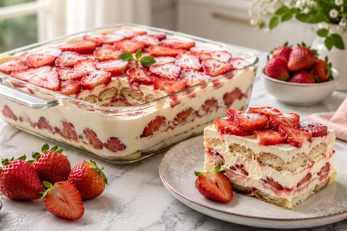 Strawberry tiramisu recipe for a fresh no-bake dessert with mascarpone, ladyfingers, berries, syrup, storage tips, serving ideas, and easy home steps.