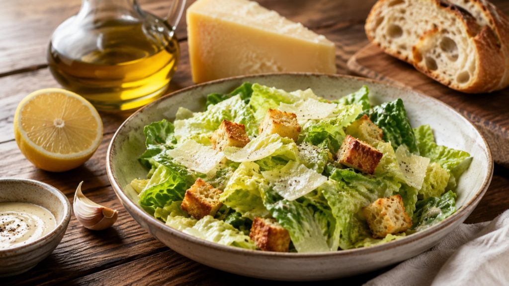 How to make Caesar salad with the original Tijuana method using crisp romaine, egg, olive oil, Parmesan, fresh citrus, Worcestershire sauce, and garlic croutons.