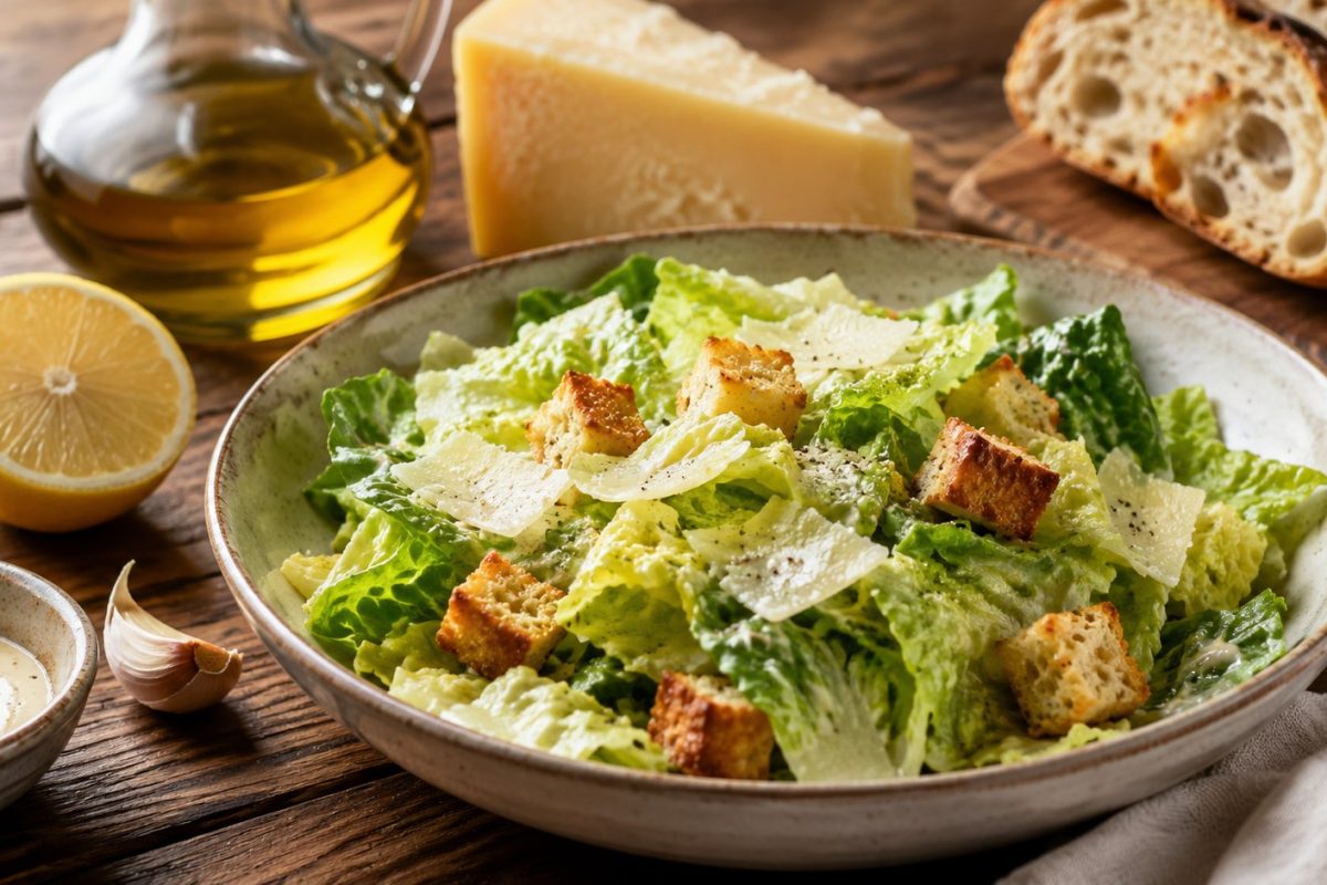 How to make Caesar salad with the original Tijuana method using crisp romaine, egg, olive oil, Parmesan, fresh citrus, Worcestershire sauce, and garlic croutons.