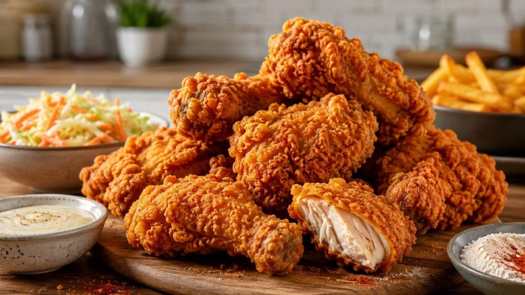 How to make KFC-style chicken at home: crispy copycat recipe with buttermilk, spices, frying tips, air fryer option, storage advice and FAQ.