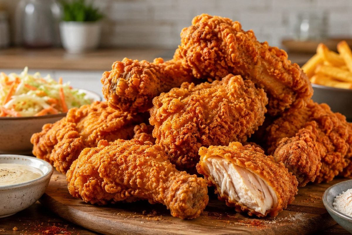 How to make KFC-style chicken at home: crispy copycat recipe with buttermilk, spices, frying tips, air fryer option, storage advice and FAQ.