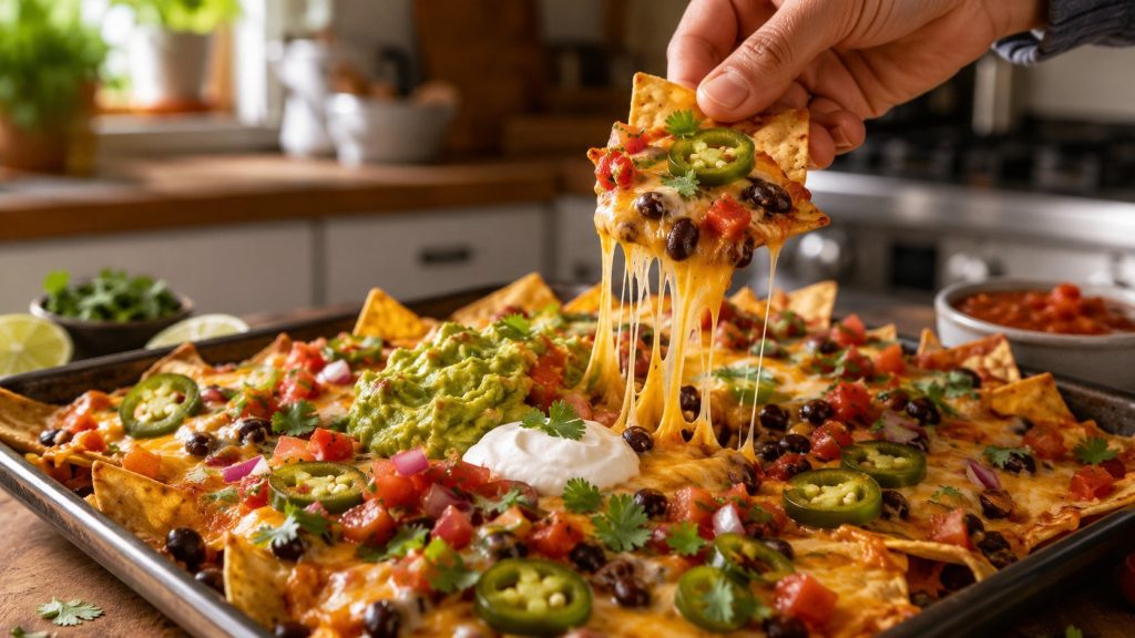 How to make nachos at home: follow an easy crispy nachos recipe with exact ingredients, oven times, cheese choices, meat seasoning, toppings, and reheating tips.