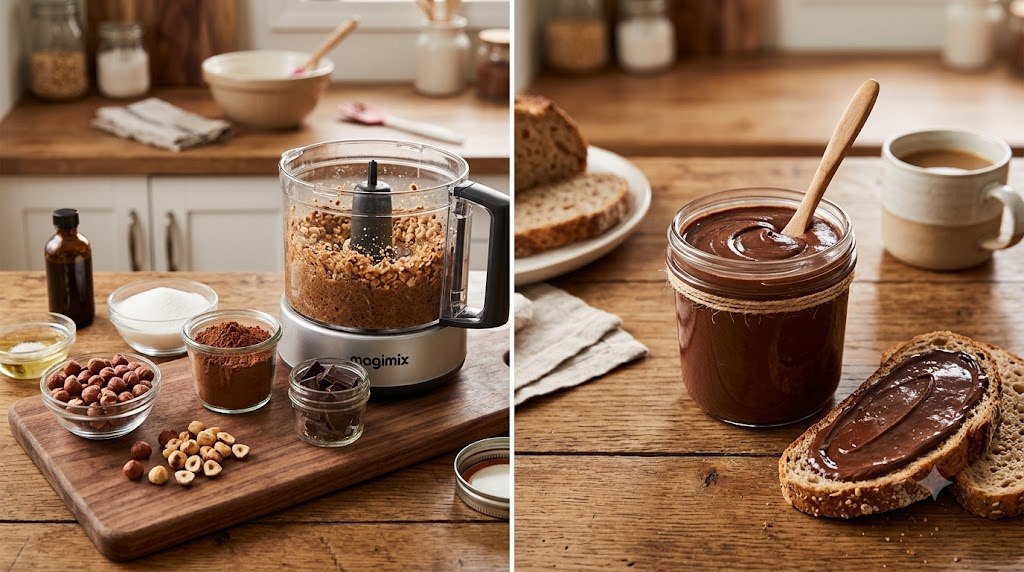 How to make homemade Nutella with roasted hazelnuts, cocoa, and real chocolate. Follow a detailed 25-minute recipe for a smooth and creamy spread.