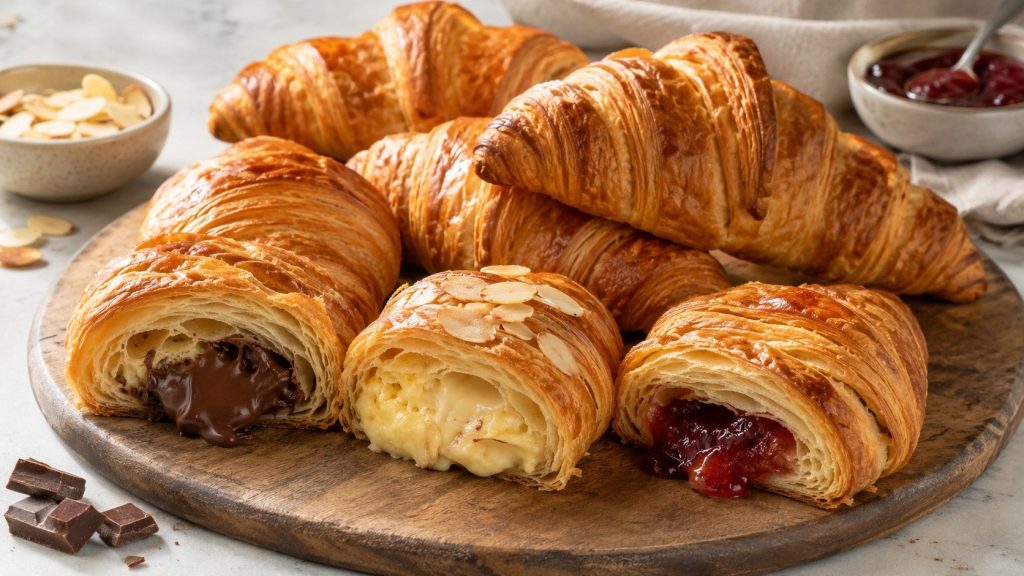 How to make French croissants at home with laminated dough, 3 folds, baking temperatures, troubleshooting tips, and sweet or savory fillings.