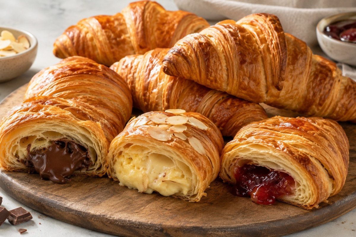 How to make French croissants at home with laminated dough, 3 folds, baking temperatures, troubleshooting tips, and sweet or savory fillings.