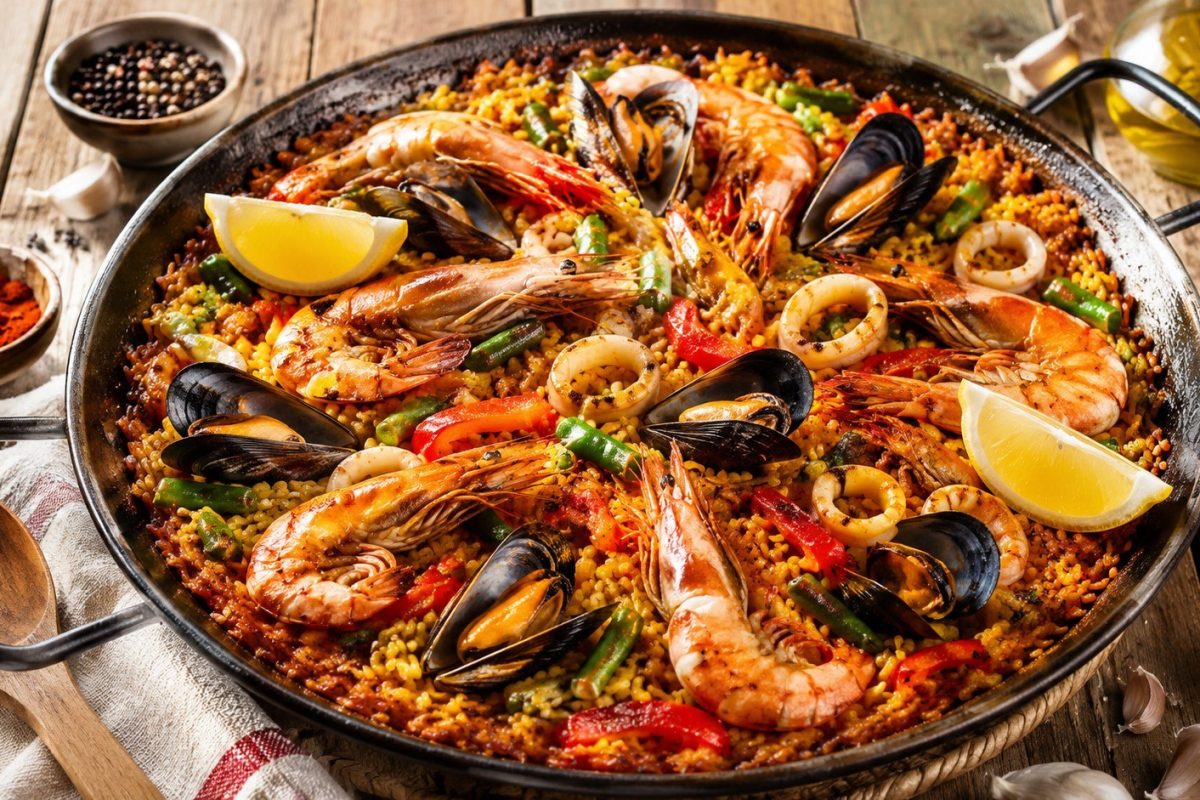 How to cook paella with chicken, rabbit, saffron, Bomba rice, and beans. Follow the original Valencian recipe and learn how to create crispy socarrat.