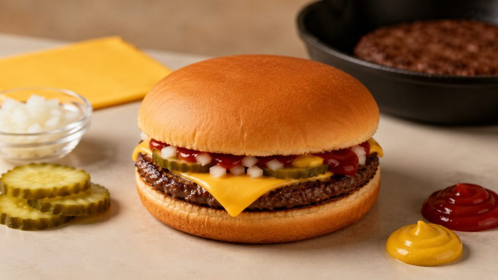 How to make a McDonald’s cheeseburger at home with thin beef patties, American cheese, pickles, onions, ketchup, mustard, and soft buns in 30 minutes.