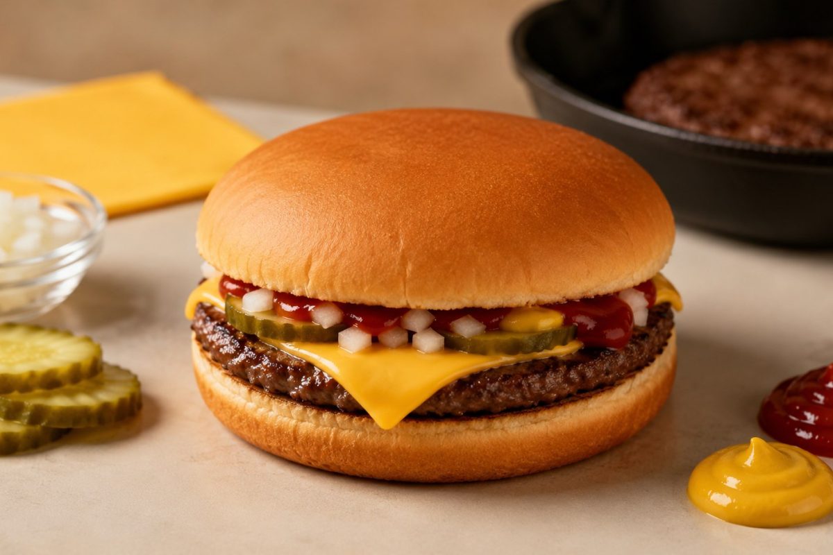 How to make a McDonald’s cheeseburger at home with thin beef patties, American cheese, pickles, onions, ketchup, mustard, and soft buns in 30 minutes.