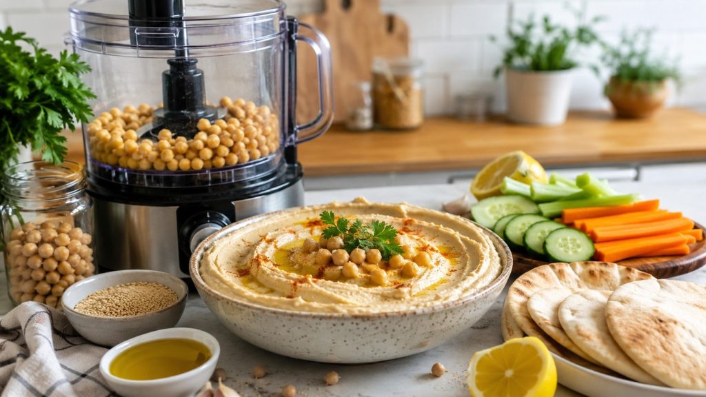 How to make hummus at home with chickpeas, tahini, lemon, and garlic. Follow an easy vegan recipe with exact ratios, smooth texture tips, variations, and storage advice.