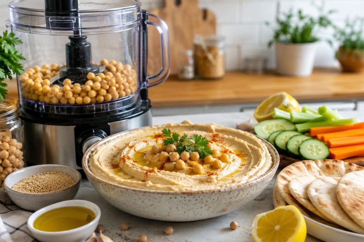 How to make hummus at home with chickpeas, tahini, lemon, and garlic. Follow an easy vegan recipe with exact ratios, smooth texture tips, variations, and storage advice.