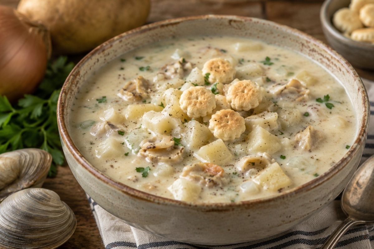 How to make clam chowder at home with clams, potatoes, bacon and cream. Follow an original New England recipe with exact amounts, timings and texture tips.