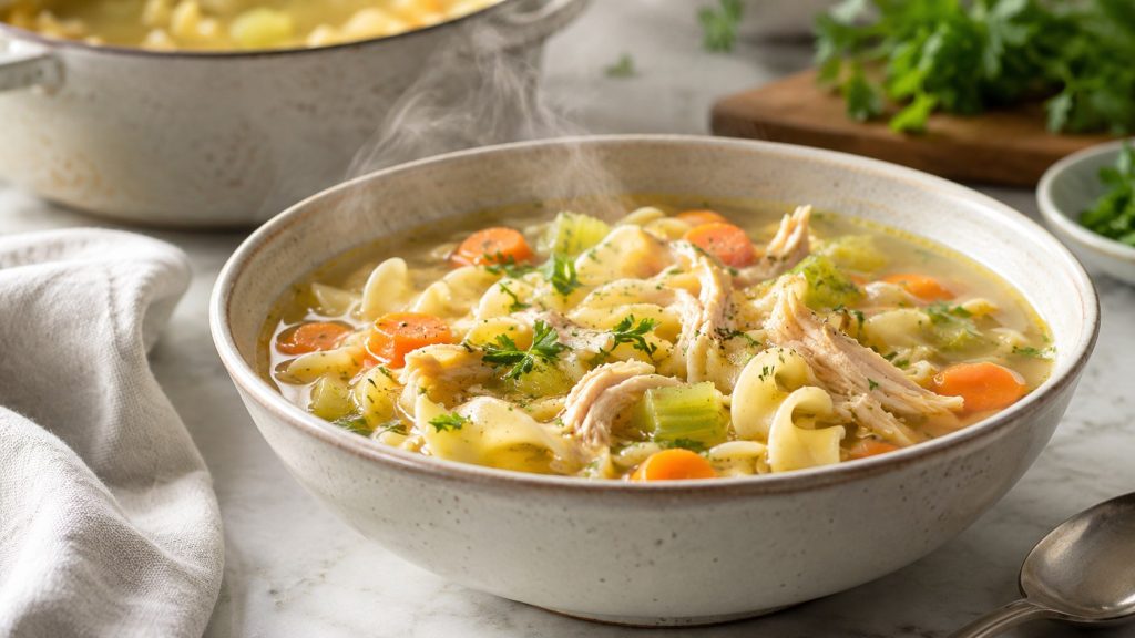 Low-sodium chicken noodle soup without canned broth uses fresh chicken, vegetables, herbs, lemon, and noodles for a flavorful homemade meal with controlled salt.