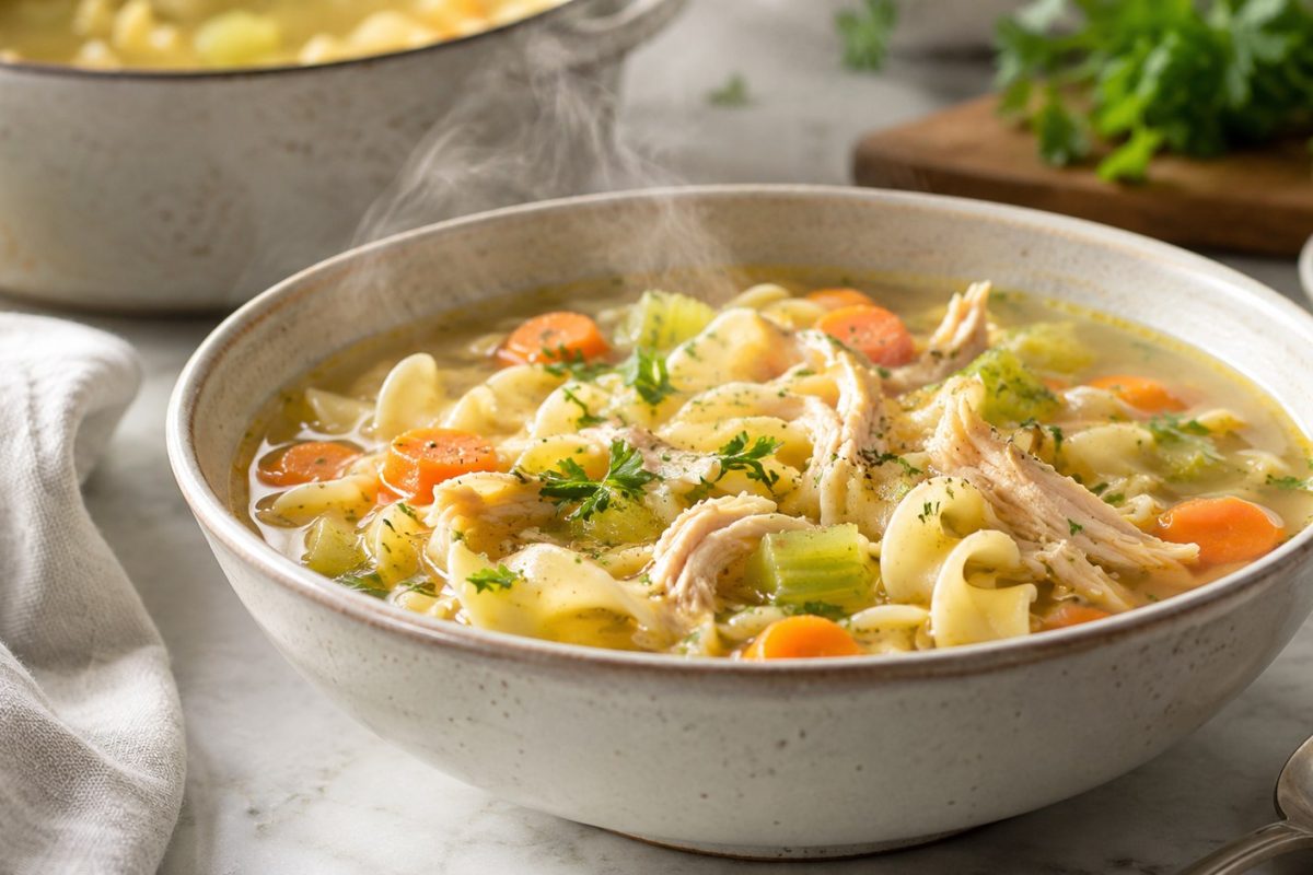 Low-sodium chicken noodle soup without canned broth uses fresh chicken, vegetables, herbs, lemon, and noodles for a flavorful homemade meal with controlled salt.