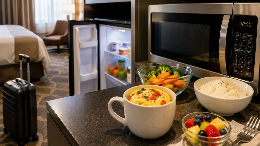 What to cook in a hotel room with a microwave and mini fridge: easy breakfasts, rice bowls, burritos, pasta, safety rules, grocery ideas, and a 3-day meal plan.
