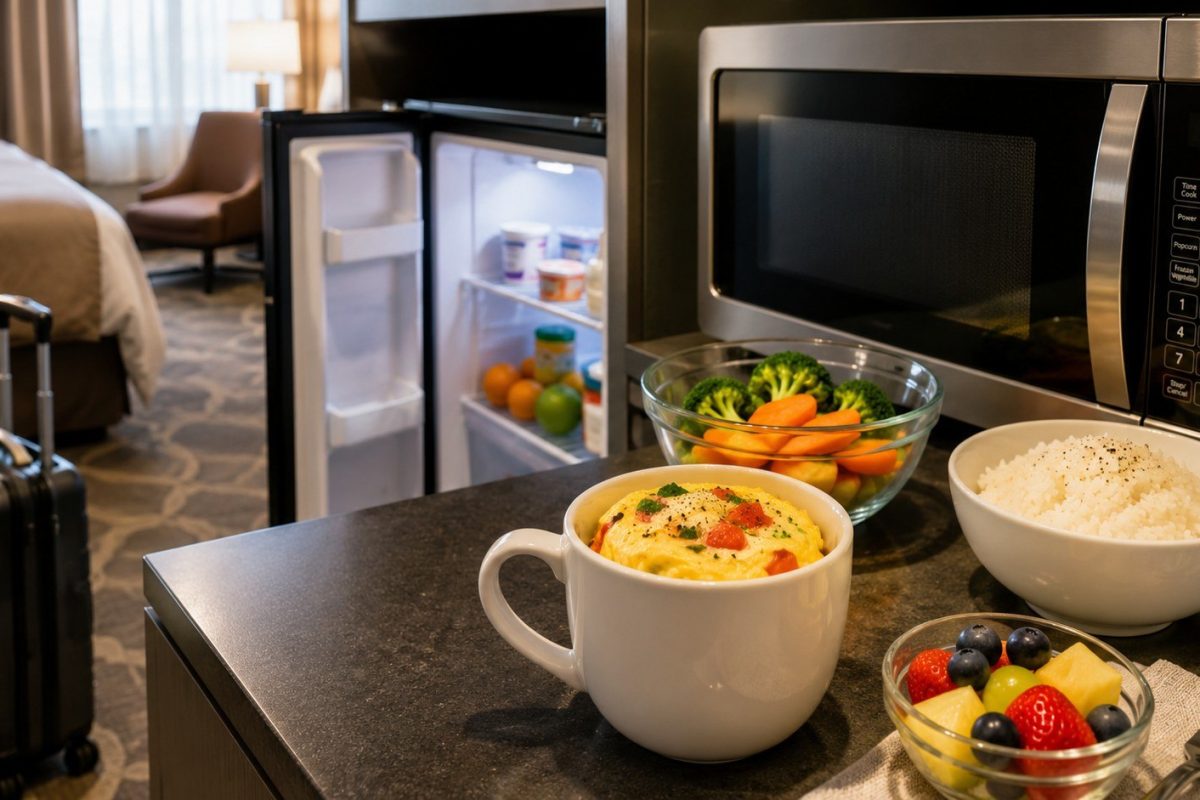 What to cook in a hotel room with a microwave and mini fridge: easy breakfasts, rice bowls, burritos, pasta, safety rules, grocery ideas, and a 3-day meal plan.