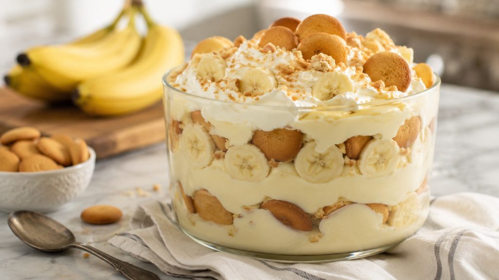How to make banana pudding with homemade vanilla custard, ripe bananas, wafers, and whipped cream. Exact proportions, chilling times, storage tips, and FAQ.