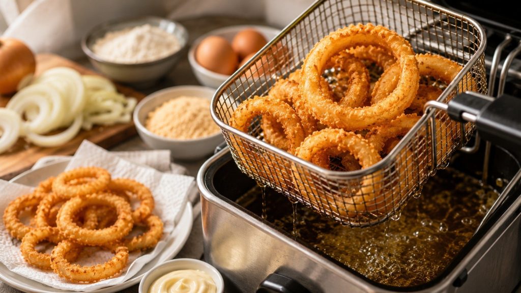 How to make onion rings in a deep fryer, air fryer, skillet, or oven. Get exact temperatures, batter proportions, cooking times, safety tips, and reheating advice.