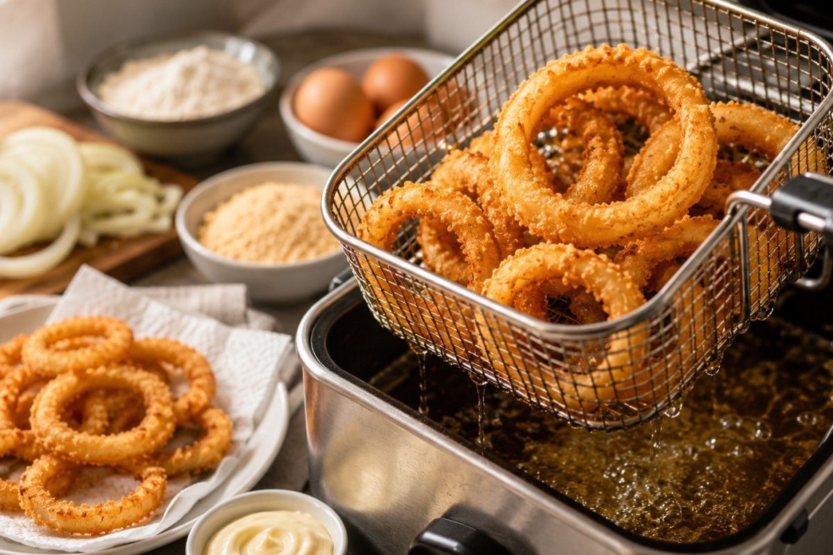 How to make onion rings in a deep fryer, air fryer, skillet, or oven. Get exact temperatures, batter proportions, cooking times, safety tips, and reheating advice.