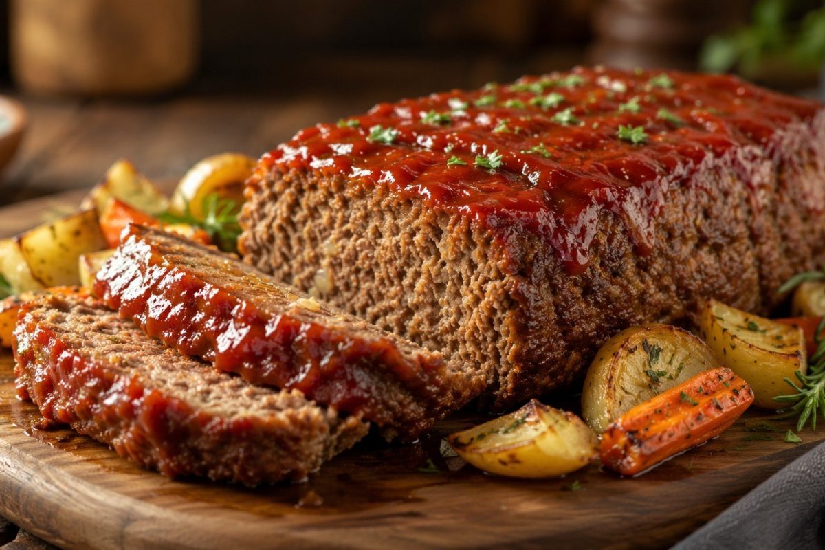 How to make meatloaf with ground beef, vegetables, breadcrumbs and tangy glaze. Get exact ingredients, baking time, safe temperature and storage tips.
