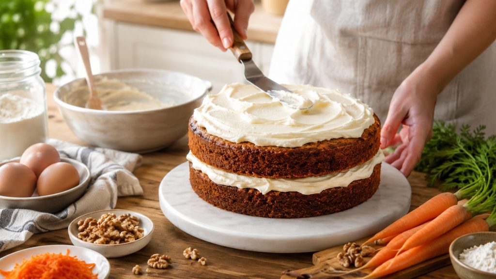 Carrot cake recipe with exact ingredients, baking time, fresh carrots, warm spices, cream cheese frosting, storage advice and solutions for common mistakes.