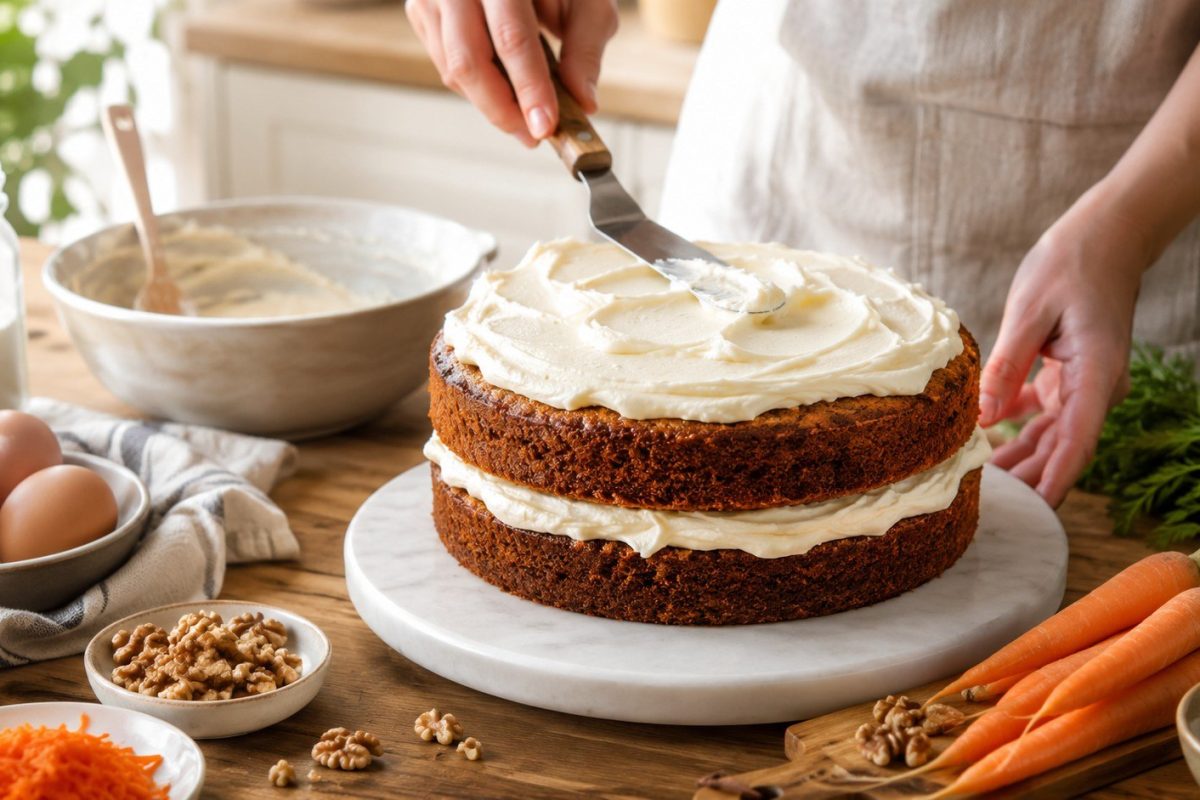 Carrot cake recipe with exact ingredients, baking time, fresh carrots, warm spices, cream cheese frosting, storage advice and solutions for common mistakes.