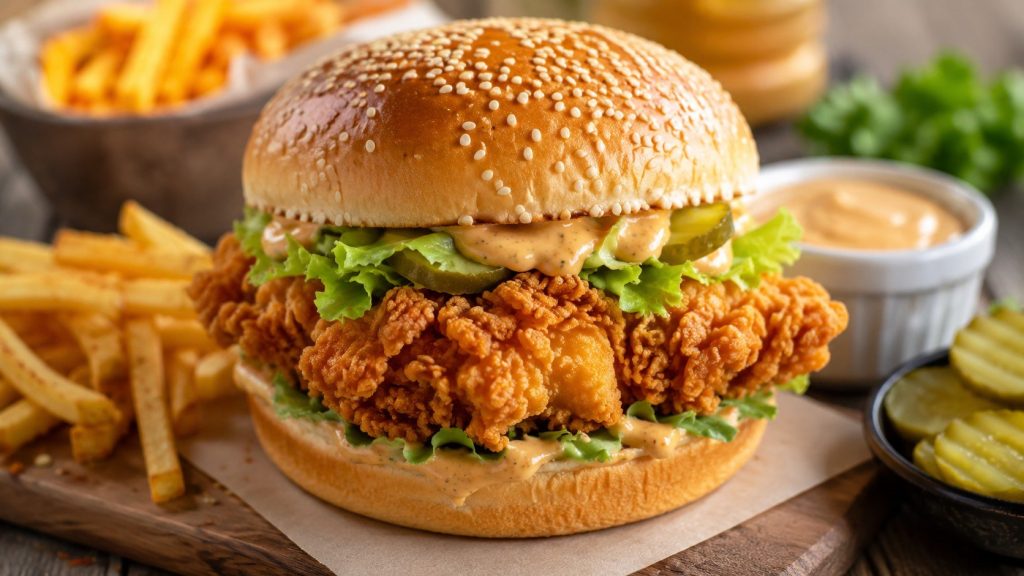How to make a KFC-style burger at home with crispy chicken, double breading, pickles, creamy sauce, frying temperatures, variations, and practical cooking tips.
