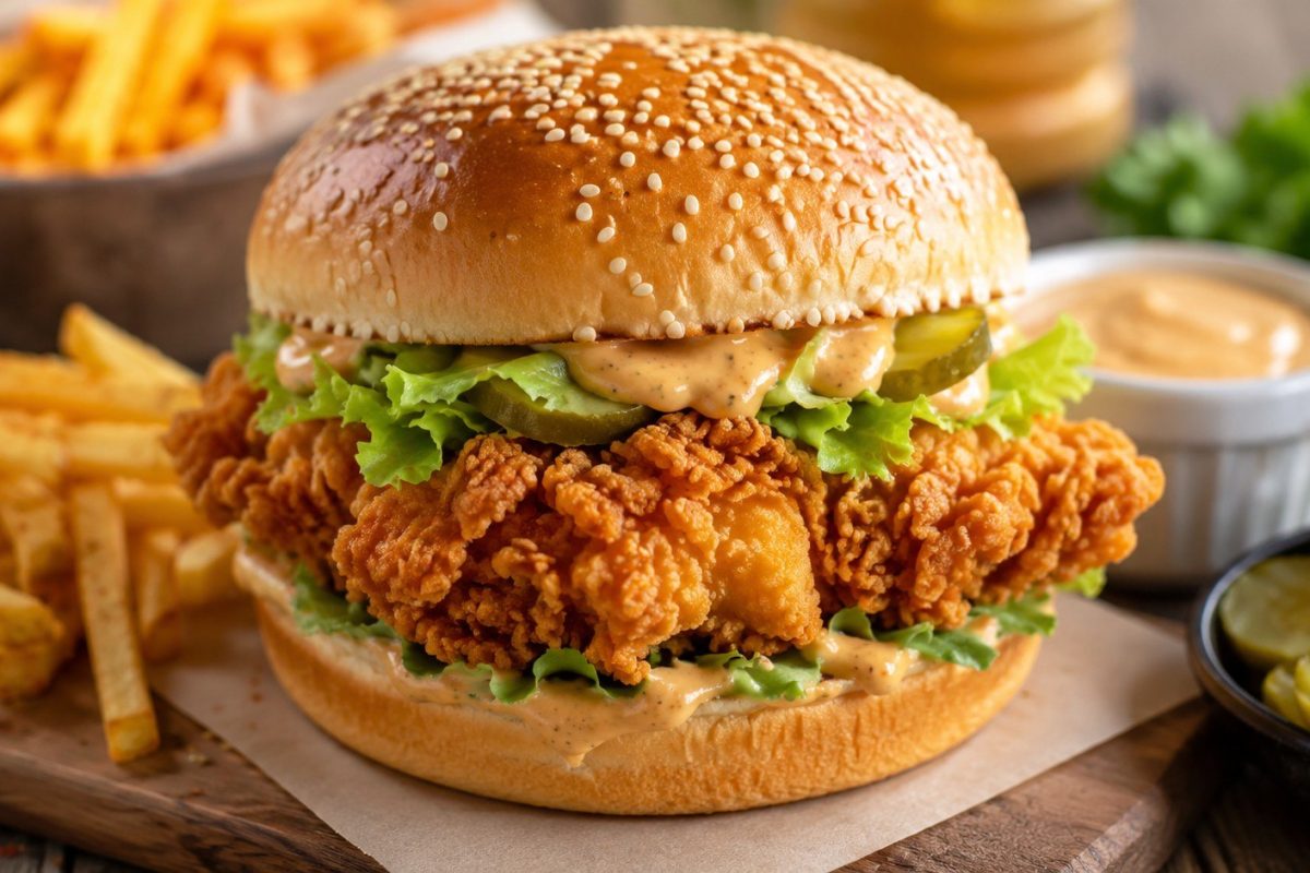 How to make a KFC-style burger at home with crispy chicken, double breading, pickles, creamy sauce, frying temperatures, variations, and practical cooking tips.