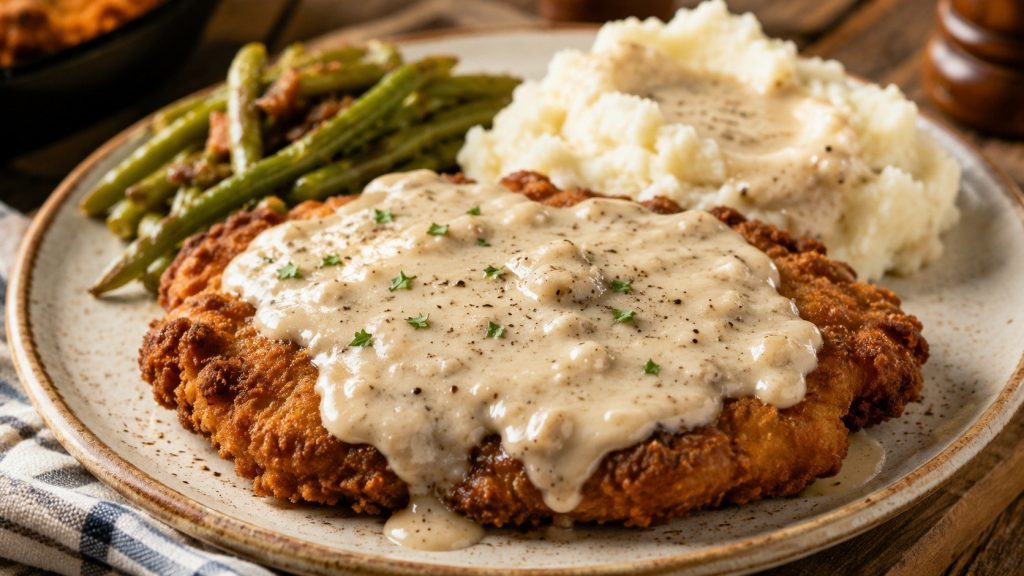 Country-fried steak recipe with tender cube steak, crisp double breading, exact frying temperatures, and thick homemade white pepper gravy.
