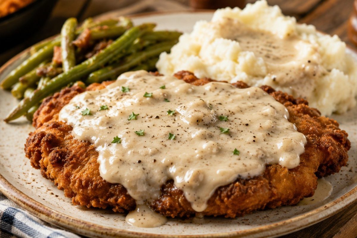 Country-fried steak recipe with tender cube steak, crisp double breading, exact frying temperatures, and thick homemade white pepper gravy.