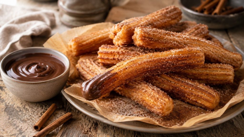 How to make cinnamon sugar churros with crisp ridges, soft centers, exact frying temperatures, troubleshooting tips, storage advice, and chocolate sauce.