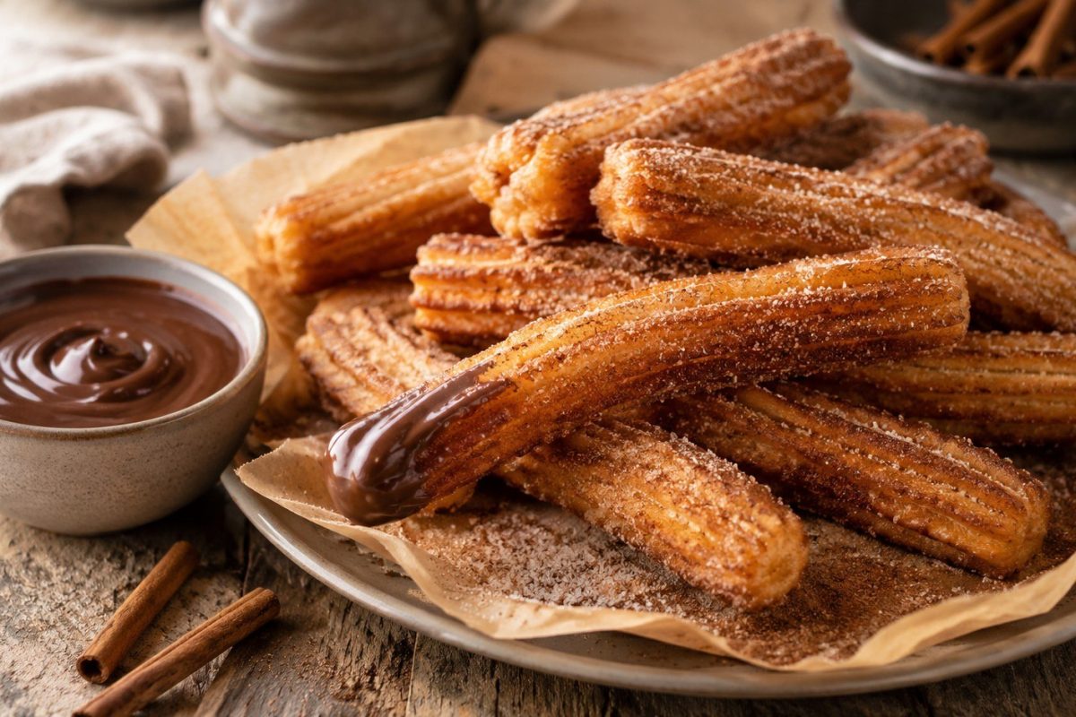 How to make cinnamon sugar churros with crisp ridges, soft centers, exact frying temperatures, troubleshooting tips, storage advice, and chocolate sauce.