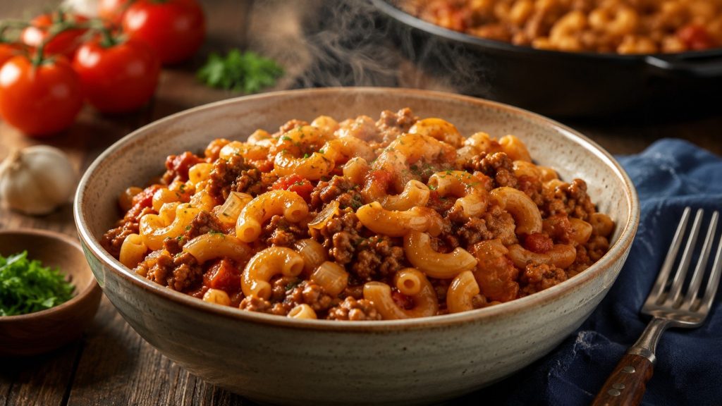 American goulash combines ground beef, elbow macaroni, tomatoes, and savory seasoning in one pot. Follow this detailed 45-minute recipe with storage and reheating tips.