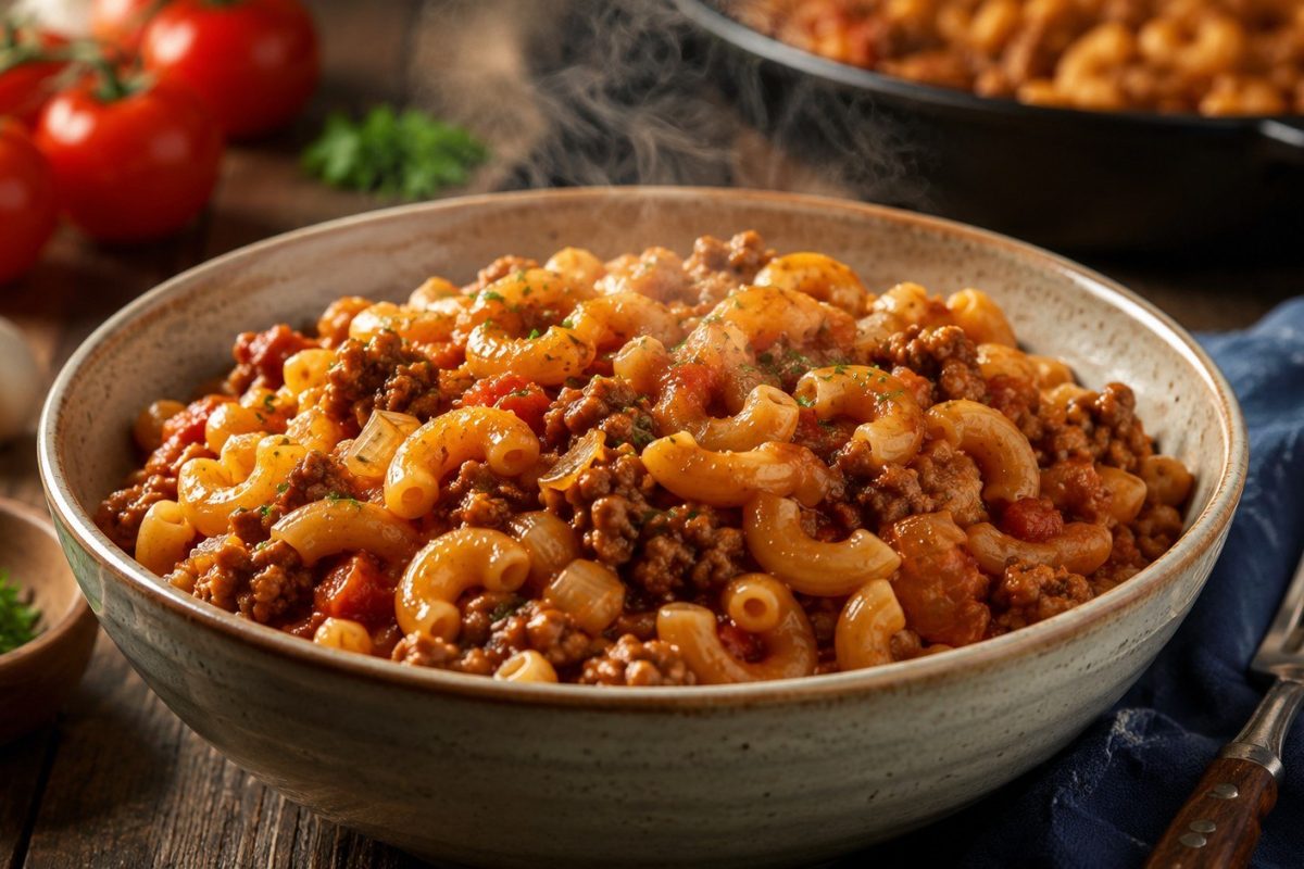 American goulash combines ground beef, elbow macaroni, tomatoes, and savory seasoning in one pot. Follow this detailed 45-minute recipe with storage and reheating tips.