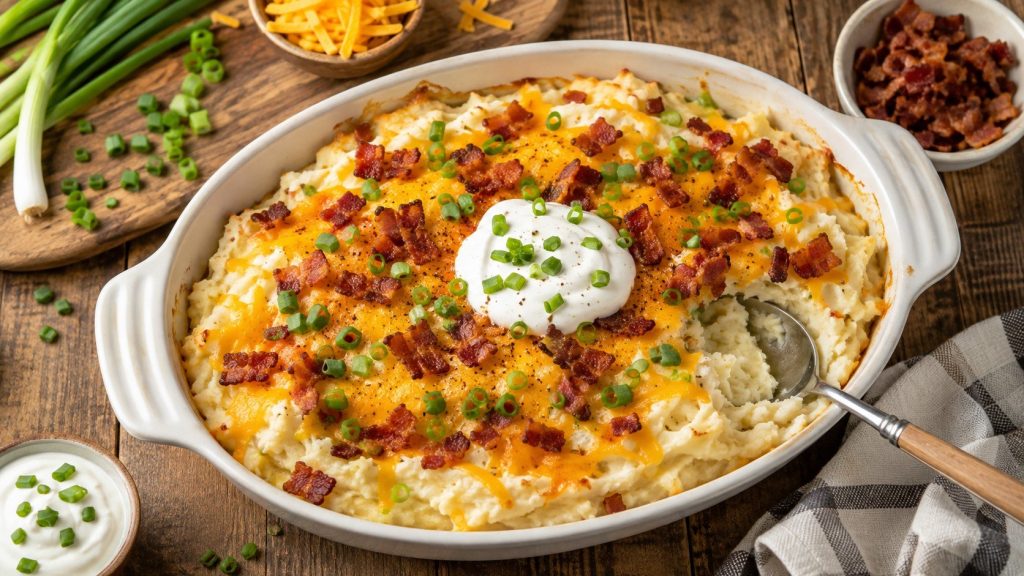 Loaded mashed potatoes recipe with cheddar, crispy bacon, sour cream and chives. Learn how to keep mashed potatoes creamy, fluffy and perfect for holidays.