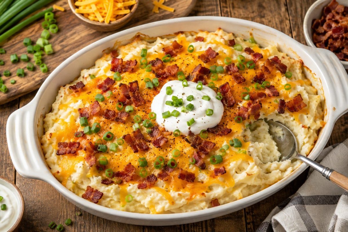 Loaded mashed potatoes recipe with cheddar, crispy bacon, sour cream and chives. Learn how to keep mashed potatoes creamy, fluffy and perfect for holidays.