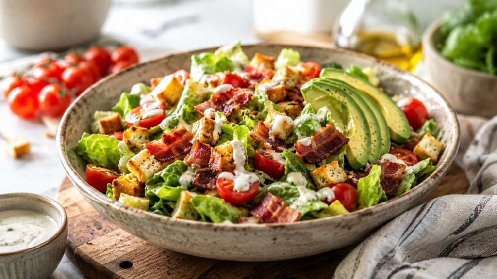 How to make BLT salad with crispy bacon, fresh lettuce, ripe tomatoes, homemade croutons and creamy dressing, plus tips to prevent a watery or soggy salad.