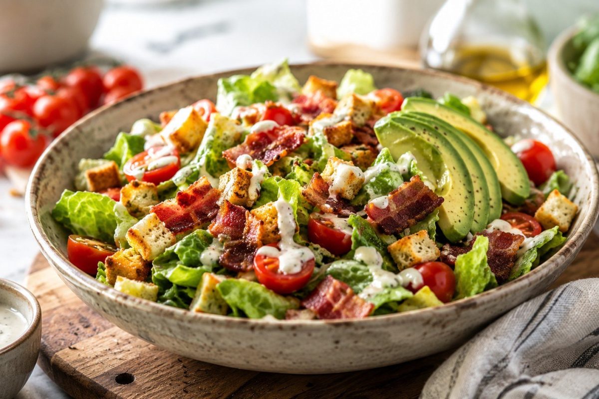 How to make BLT salad with crispy bacon, fresh lettuce, ripe tomatoes, homemade croutons and creamy dressing, plus tips to prevent a watery or soggy salad.