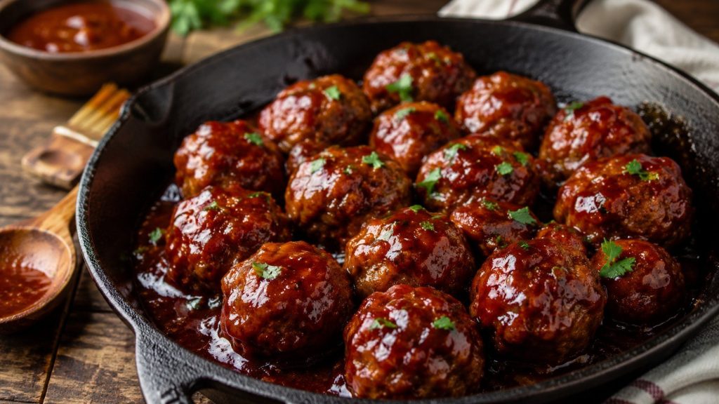 BBQ meatballs recipe with exact ingredients, oven temperature, sticky barbecue glaze, cooking time, food-safety temperature, make-ahead tips and serving ideas.