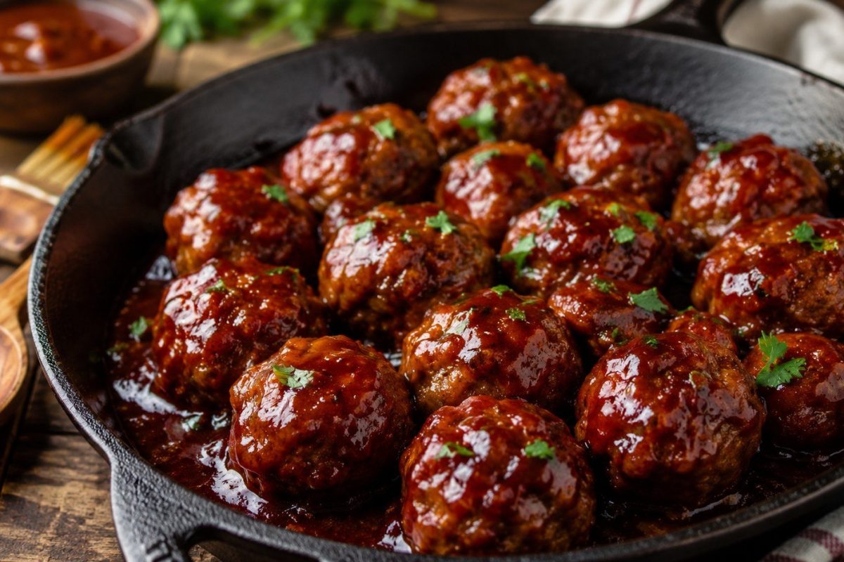 BBQ meatballs recipe with exact ingredients, oven temperature, sticky barbecue glaze, cooking time, food-safety temperature, make-ahead tips and serving ideas.