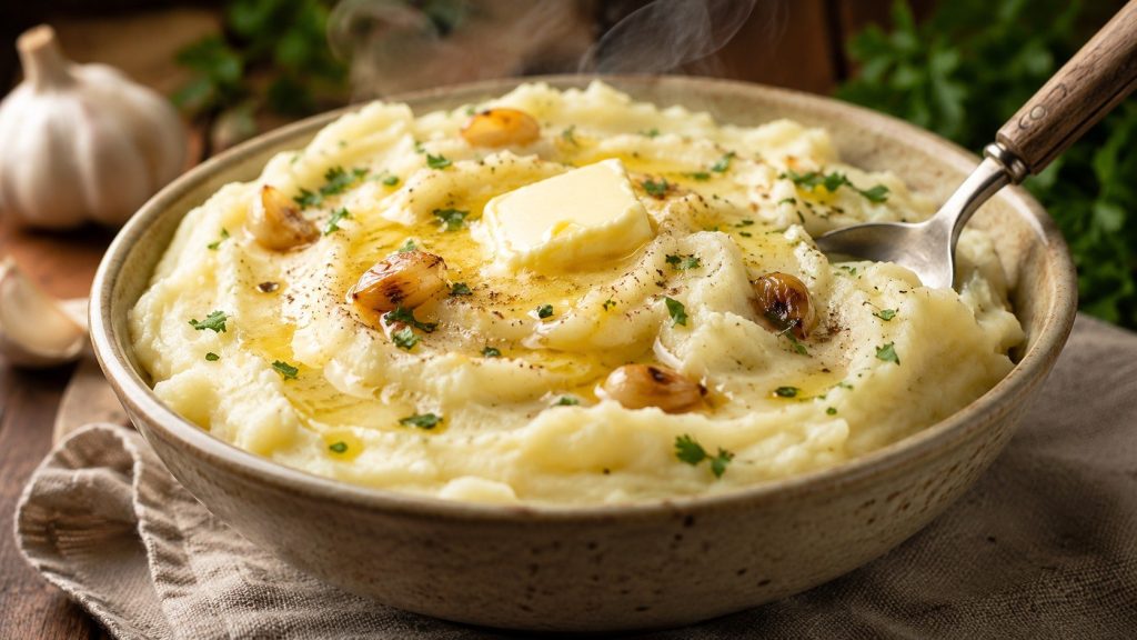 Garlic mashed potatoes made creamy, fluffy and rich with roasted garlic. Learn the best potatoes, dairy ratios, cooking method, reheating tips and common mistakes.