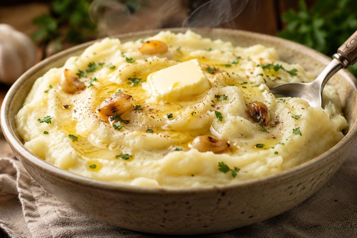 Garlic mashed potatoes made creamy, fluffy and rich with roasted garlic. Learn the best potatoes, dairy ratios, cooking method, reheating tips and common mistakes.