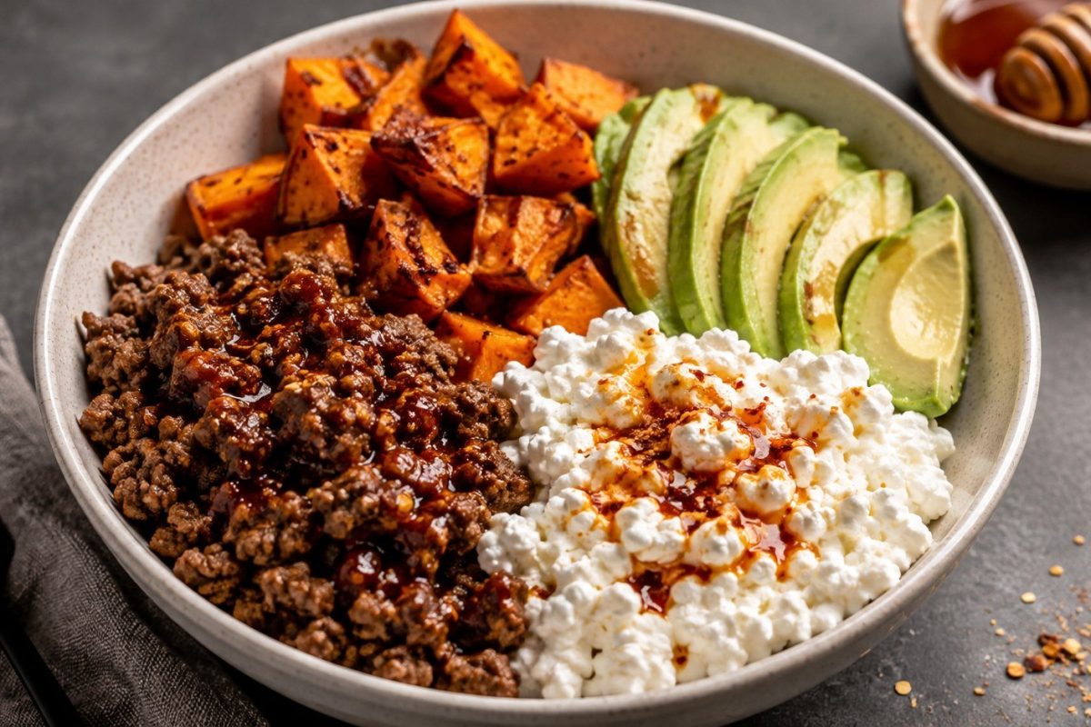 Hot Honey Cottage Cheese Sweet Potato Beef Bowl recipe with ground beef, roasted sweet potato, cottage cheese, avocado and spicy honey, ready in about 35 minutes.