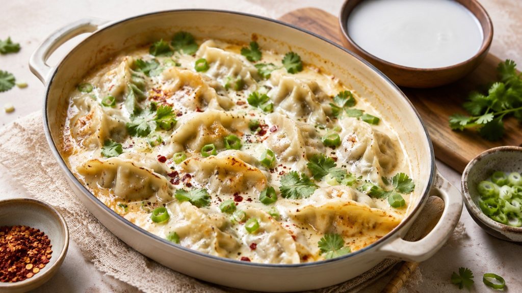 Dumpling Bake turns frozen dumplings into an easy one-pan dinner with creamy coconut or dairy sauce, vegetables, baking tips, safe temperatures, and useful variations.